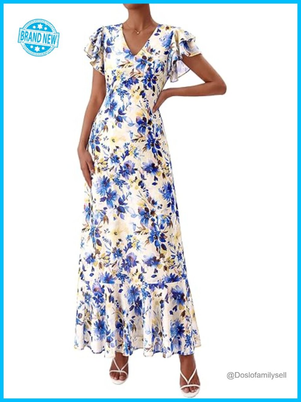 Boho Ruffle Flowy Maxi Dress with Pockets V-Neck Short Sleeve Summer